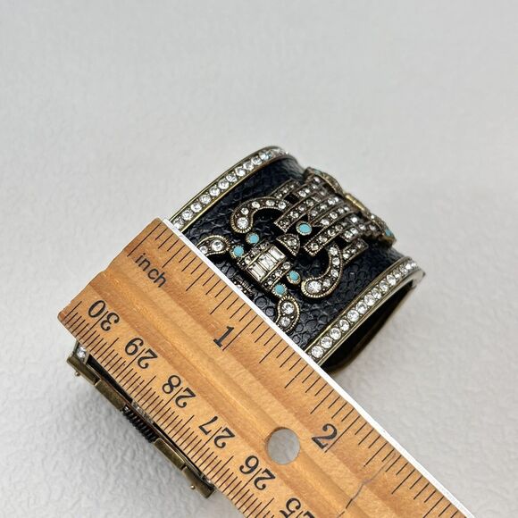Heidi Daus Art Deco Wide Cuff Bracelet Black Leather Look Rhinestone Turquoise - Picture 9 of 10